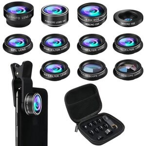 Godefa 11 in 1 Cell Phone Camera Lens Kit Universal Smartphone Black Clip-On Set